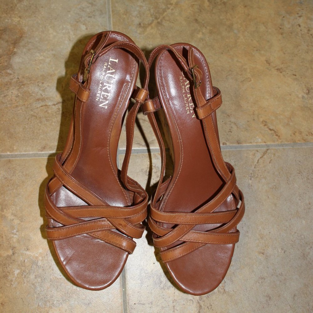 Lauren Ralph Lauren Quaylin Polo Tan Leather Wedge Platform sz 8